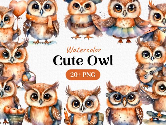 Download Bundle Watercolor Cute Owl Clipart PNG - Premium Resources