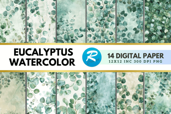 Download Eucalyptus Watercolor Digital Paper Pack - Pack Collection